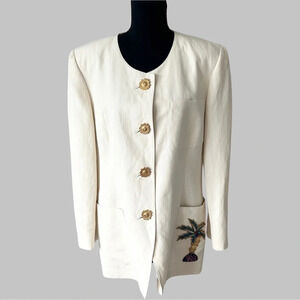 Vintage Louis Feraud Set Ivory Linen Blend Palm Tree Beaded Accent  Blazer